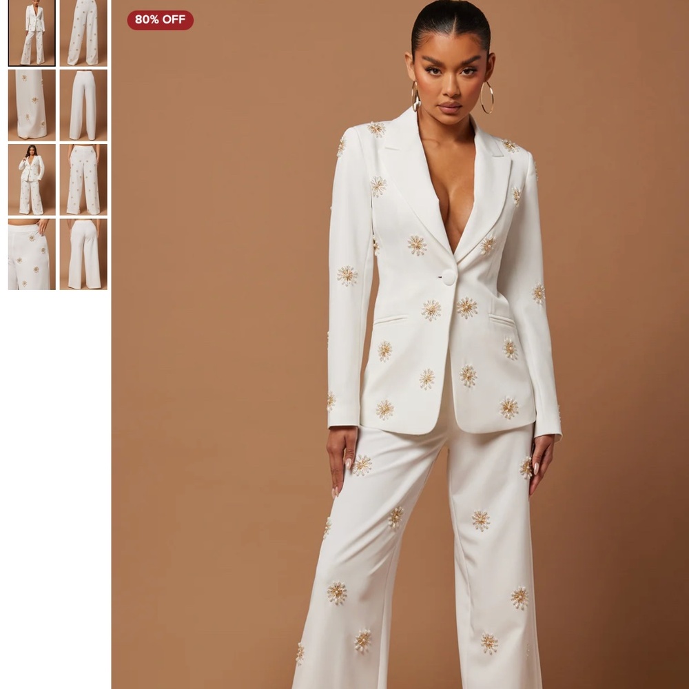 White beaded Fashion Nova Luxe Pant suit set. Size small. NWT